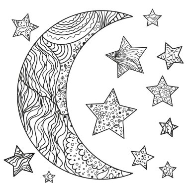 Hilal beyaz. Ay ve yıldız yalıtım zemin üzerine soyut desenleri ile. Zentangle. Yetişkinler için manevi rahatlama için tasarım. Siyah ve beyaz Gösterim amacıyla anti stres boyama sayfası