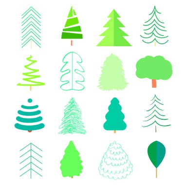 Yemyeşil ağaçlar ve beyaz üzerinde Noel ağaçları. Simgeler için izole arka plan üzerinde ayarlayın. Geometrik sanat. Modaya uygun bir tasarım için evrensel koleksiyonu