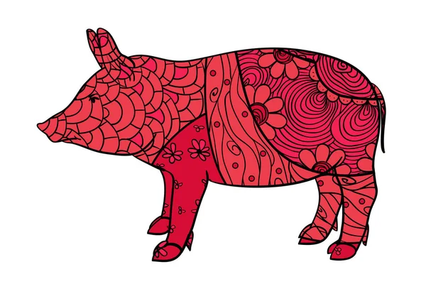 Cerdo Color Sobre Blanco Zentangle Animal Dibujado Mano Con Patrones — Archivo Imágenes Vectoriales