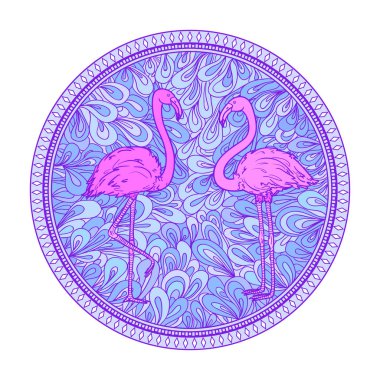 Flamingolar beyaz birlikte daire zendala. Kuşlar. Zentangle. El yeşillik mandala izole arka plan üzerinde çekilmiş. Yetişkinler için manevi rahatlama için tasarım. El ilanları, gömlek ve Tekstil için doodle