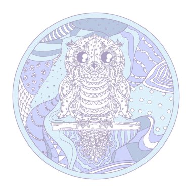 Beyaz baykuş ile Zendala. Zentangle. El Daire mandala soyut desenler ile izole arka plan üzerinde çekilmiş. Yetişkinler için manevi rahatlama için tasarım. Vintage ve retro tarzı