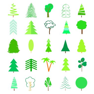 Renkli ağaçlar ve beyaz üzerinde Noel ağaçları. Simgeler için izole arka plan üzerinde ayarlayın. Geometrik sanat. Basım endüstrisi, poster, tişört ve Tekstil için nesneleri