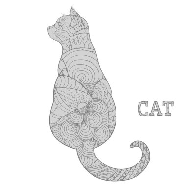 Beyaz kedi. Zentangle. El karmaşık desenleri ile hayvan izole arka plan üzerinde çekilmiş. Yetişkinler için manevi rahatlama için tasarım. Zen sanat. Afiş, poster, tişört ve Tekstil için doodle