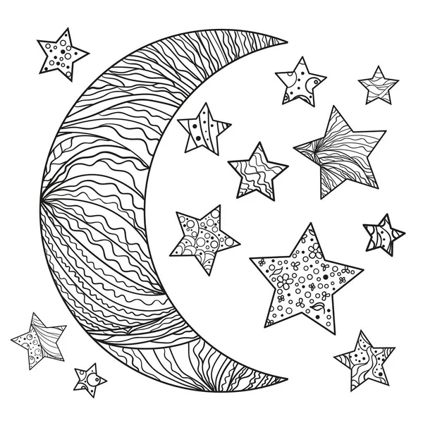 Crescent Wit Maan Sterren Met Abstracte Patronen Isolatie Achtergrond Zentangle — Stockvector