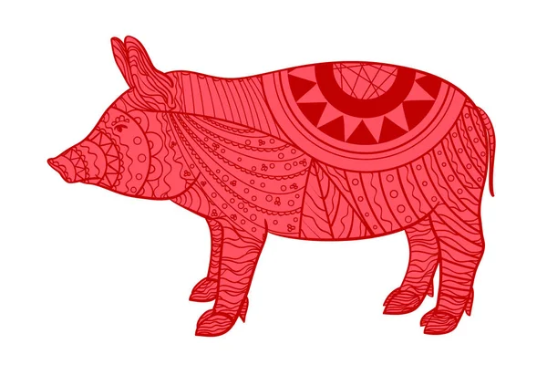 ホワイト色の豚 Zentangle 孤立した背景に複雑なパターンを持つ動物を描いた 大人のための精神的なリラクゼーションのためのデザイン バナー広告 シャツ 織物の例 禅の美術 — ストックベクタ