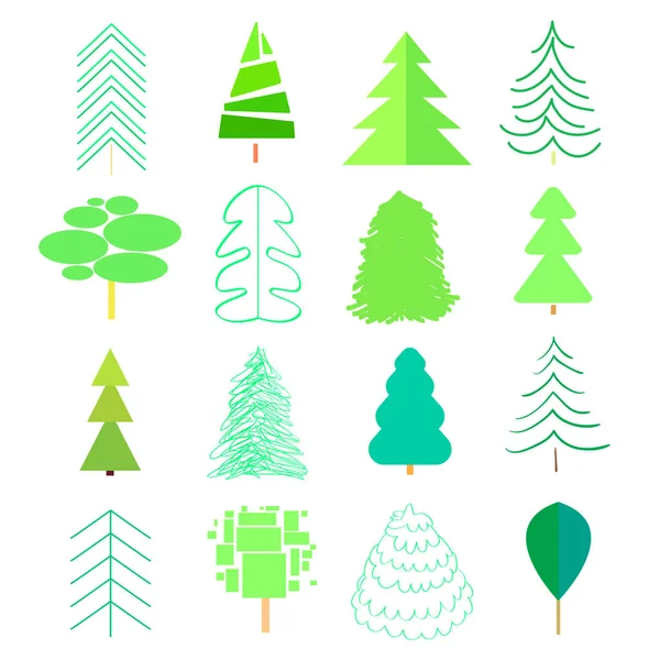 Árboles Verdes Árboles Navidad Blanco Conjunto Iconos Sobre Fondo Aislado — Vector de stock