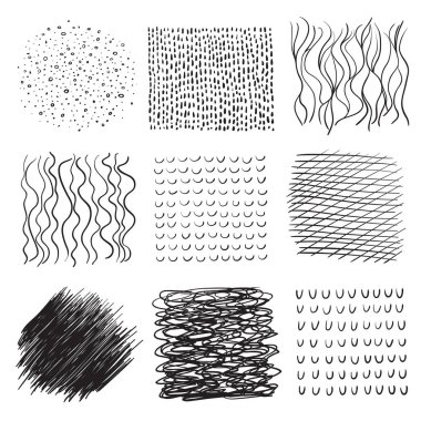 Çizgiler bir dizi arka planlar. Karmaşık kaotik dokular. Dalgalı arka planında. El karışık desenler çekilmiş. Siyah beyaz resim. Posterler ve el ilanları için öğeleri