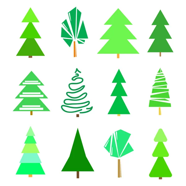 Groene Bomen Kerstbomen Wit Ingesteld Pictogrammen Van Geïsoleerde Achtergrond Geometrische — Stockvector