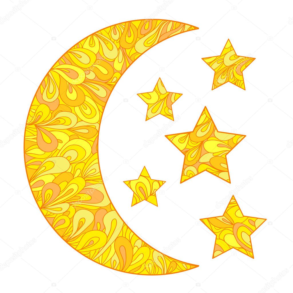 Crescent on white. Moon and stars with abstract patterns on isolation background. Design for spiritual relaxation for adults. Line art creation. Printing on t-shirts, posters and other