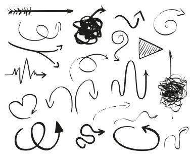 Soyut oklar. Beyaz doğrusal şekillerdeki. Kaos desenleri. Çizimler karalamak. Farklı karışık sembolleri. Çizgiler bir dizi arka planlar. Siyah beyaz resim. Doodles'ın tasarım ve işletme için