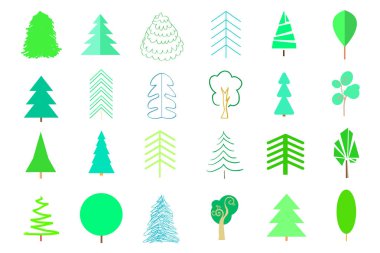 Yemyeşil ağaçlar ve beyaz üzerinde Noel ağaçları. Simgeler için izole arka plan üzerinde ayarlayın. Geometrik sanat. Modaya uygun bir tasarım için renkli koleksiyonu