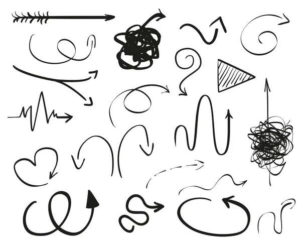 Abstract arrows. Linear shapes on white. Chaos patterns. Scribble sketches. Different tangled symbols. Backgrounds with array of lines. Black and white illustration. Doodles for design and business