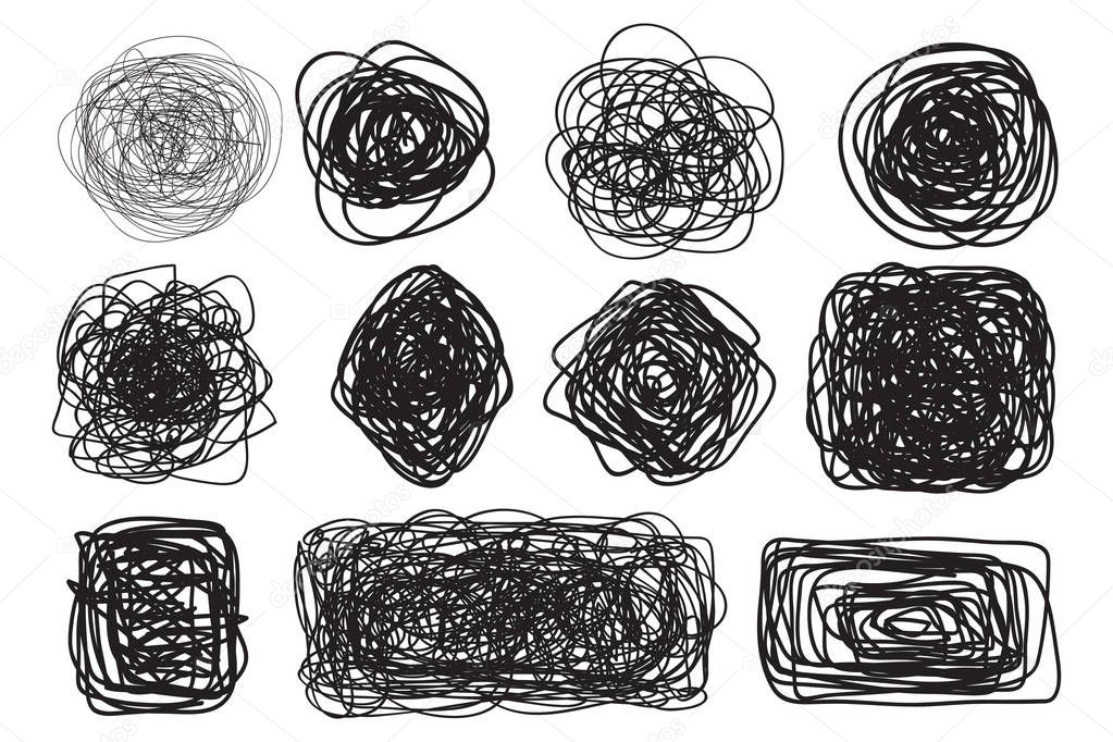 Chaos shapes for design. Abstract tangled textures. Random chaotic lines. Hand drawn dinamic scrawls. Black and white illustration. Backgrounds with stripes. Universal pattern. Art creative