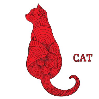 Beyaz kedi. Zentangle. El karmaşık desenleri ile hayvan izole arka plan üzerinde çekilmiş. Yetişkinler için manevi rahatlama için tasarım. Zen sanat. Afiş, poster, tişört ve Tekstil için doodle