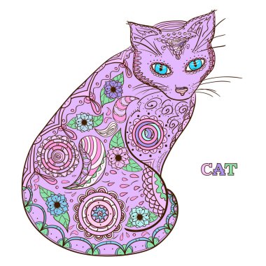 Kedi. Zentangle tasarım. El karmaşık desenleri ile hayvan izole arka plan üzerinde çekilmiş. Yetişkinler için manevi rahatlama için tasarım. Zen sanat. Basım endüstrisi, poster, tişört ve tekstil baskı