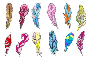 Tüyler. Zentangle tasarım. El soyut desenler ve parlak renkler tüyleriyle yalıtım zemin üzerine çekilmiş. Tasarım öğeleri. Zen sanat. 