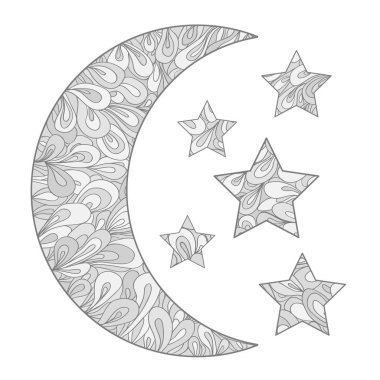 Hilal beyaz. Ay ve yıldız yalıtım zemin üzerine soyut desenleri ile. Zentangle. Yetişkinler için manevi rahatlama için tasarım. Siyah ve beyaz Gösterim amacıyla anti stres boyama sayfası
