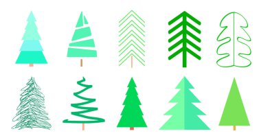 Beyaz üzerinde Noel ağaçları. Tasarım için izole arka plan üzerinde ayarlayın. Geometrik sanat. Evrensel koleksiyonu renkli