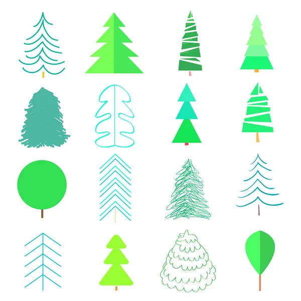 Groene Bomen Kerstbomen Wit Ingesteld Pictogrammen Van Geïsoleerde Achtergrond Geometrische — Stockvector