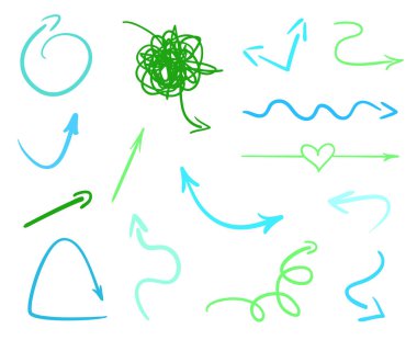 Elle çizilmiş Infographic öğeleri üzerinde beyaz. Renkli oklar. Hat sanatı. Farklı işaretlere kümesi