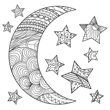 Hilal beyaz. Ay ve yıldız yalıtım zemin üzerine soyut desenleri ile. Zentangle. Yetişkinler için manevi rahatlama için tasarım. Siyah ve beyaz Gösterim amacıyla anti stres boyama sayfası