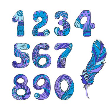 Beyaz üzerine karmaşık desenleri renkli sayılarla. El işaretleri tüy ile yalıtım zemin üzerine çekilmiş. Grafik tasarım. Renkli görüntü için el ilanları ve afiş. Zen sanat 