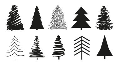 Beyaz üzerinde Noel ağaçları. Simgeler için izole arka plan üzerinde ayarlayın. Geometrik sanat. Nesneleri basımcılık, poster, tişört ve Tekstil için. Siyah beyaz resim