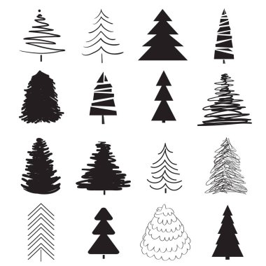 Beyaz üzerinde Noel ağaçları. Simgeler için izole arka plan üzerinde ayarlayın. Geometrik sanat. Nesneleri basımcılık, poster, tişört ve Tekstil için. Siyah beyaz resim