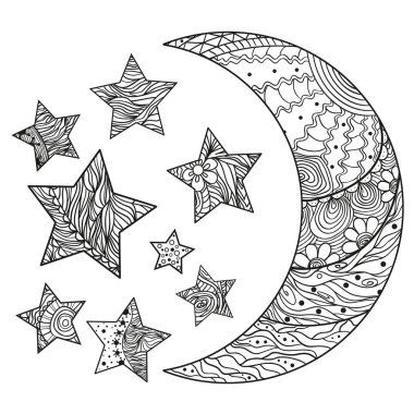 Hilal beyaz. Ay ve yıldız yalıtım zemin üzerine soyut desenleri ile. Zentangle. Yetişkinler için manevi rahatlama için tasarım. Siyah ve beyaz Gösterim amacıyla anti stres boyama sayfası