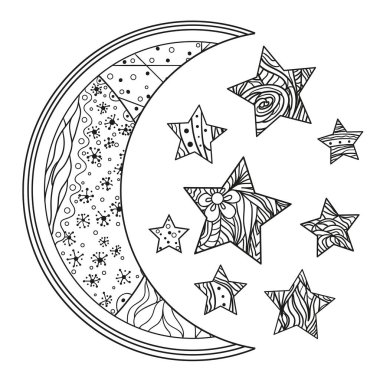 Ay ve yıldız yalıtım zemin üzerine soyut desenleri ile. Yetişkinler için manevi rahatlama için tasarım. Hat sanat yaratma. Siyah ve beyaz Gösterim amacıyla anti stres boyama sayfası