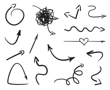 Elle çizilmiş Infographic öğeleri üzerinde beyaz. Siyah ok. Hat sanatı. Farklı işaretlere kümesi