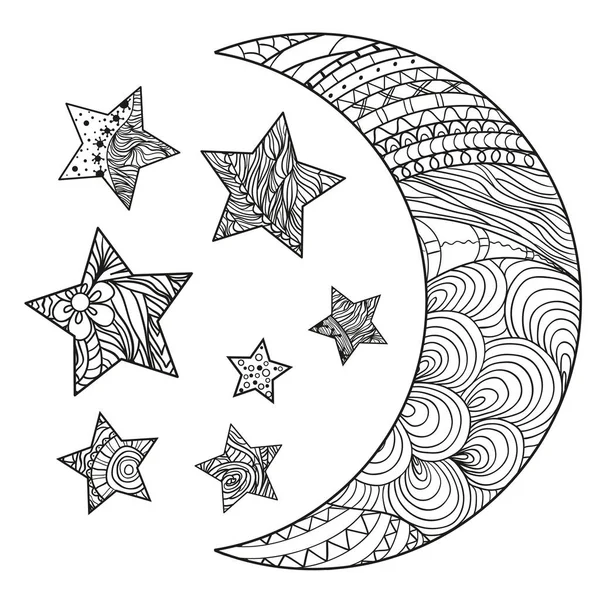 Crescent Wit Maan Sterren Met Abstracte Patronen Isolatie Achtergrond Zentangle — Stockvector