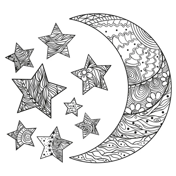 Crescent White Moon Stars Abstract Patterns Isolation Background Zentangle Design — Stock Vector