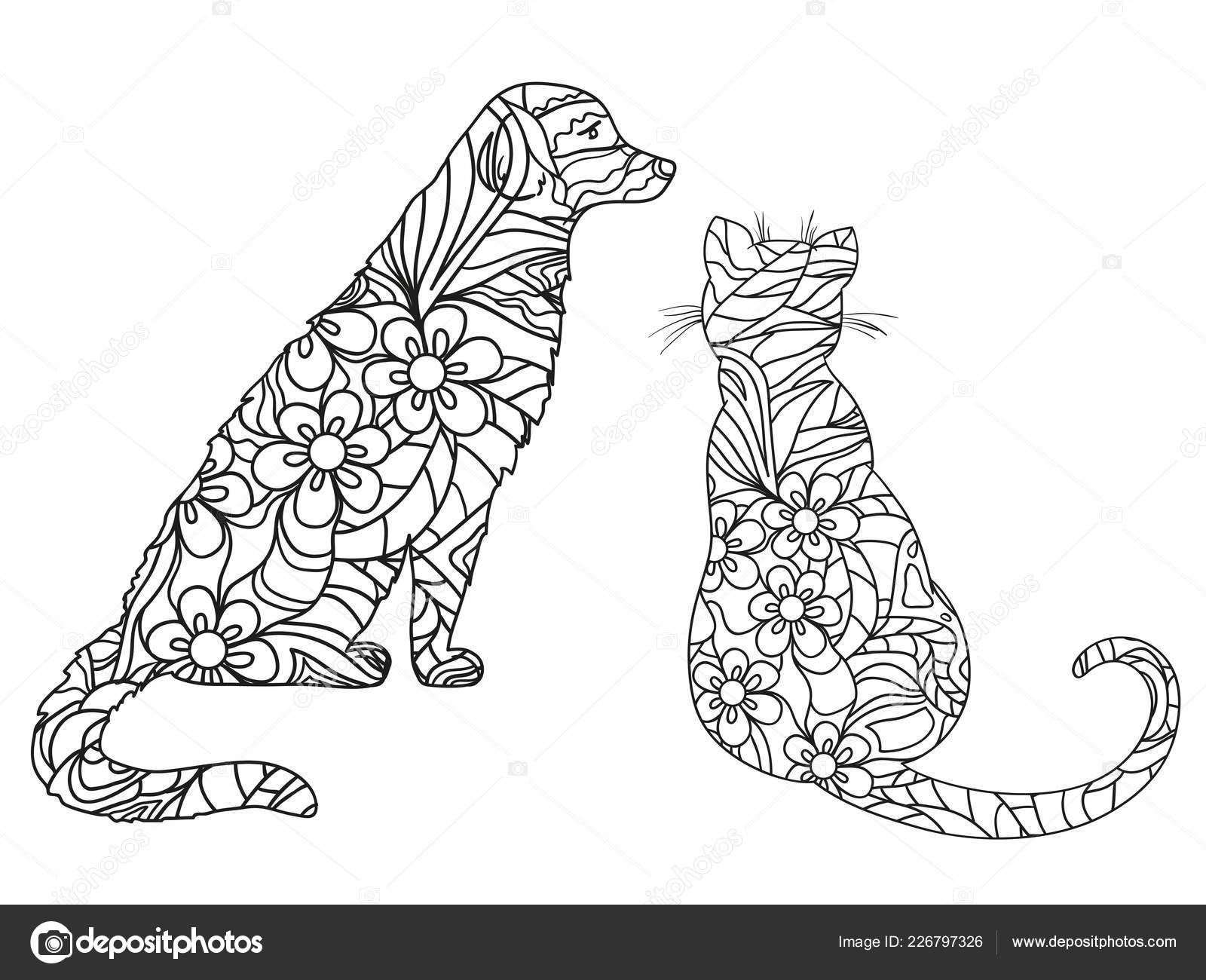 Hund Und Katze Auf Weiß Zentangle Handgezeichnete Tiere Mit