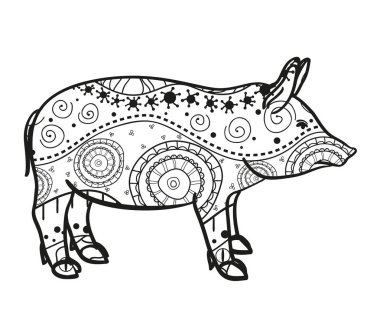 Pig on white. Hand drawn animal with intricate patterns on isolated background. Design for spiritual relaxation for adults. Image for banners, flyers and textiles. Zen art. Zentangle clipart