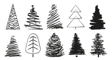 Beyaz üzerinde Noel ağaçları. Simgeler için izole arka plan üzerinde ayarlayın. Geometrik sanat. Nesneleri basımcılık, poster, tişört ve Tekstil için. Siyah beyaz resim