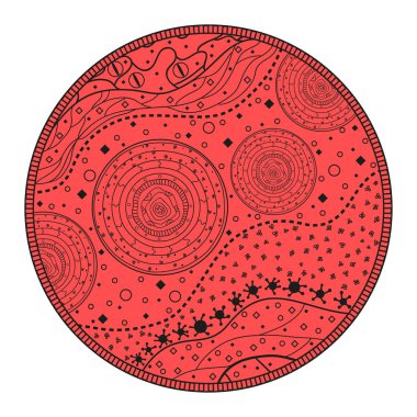 Daire üzerinde beyaz renkli desen. Zentangle. Yalıtılmış zemin üzerine çizilmiş mandala ver. Yetişkinler için manevi rahatlama için tasarım. Basım endüstrisi, poster, tişört ve tekstil baskı