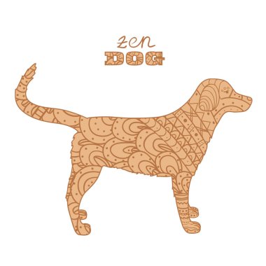 Beyaz köpek. El Hayvan soyut desenler ile yalıtım zemin üzerine çekilmiş. Yetişkinler için manevi rahatlama için tasarım. Zentangle. Afiş, poster, tişört ve Tekstil için doodle