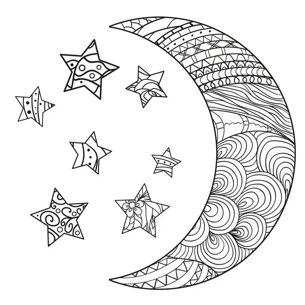 Crescent Wit Maan Sterren Met Abstracte Patronen Isolatie Achtergrond Zentangle — Stockvector