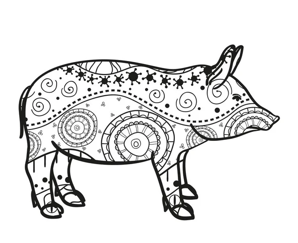 Cerdo Blanco Animal Dibujado Mano Con Patrones Intrincados Sobre Fondo — Vector de stock