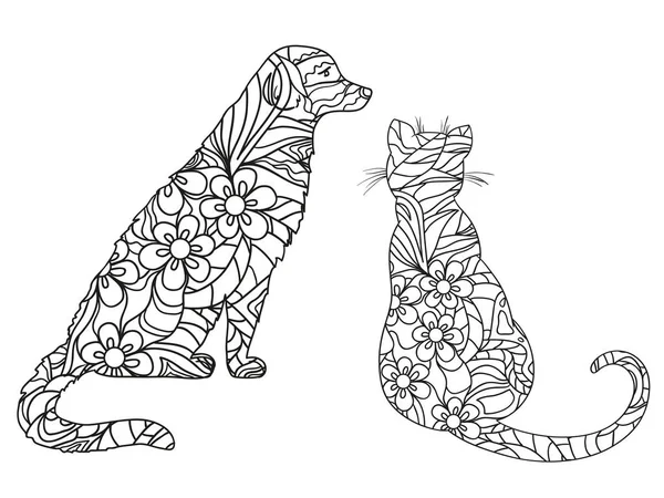 Hund Och Katt Vitt Zentangle Hand Dras Djur Med Abstrakt — Stock vektor