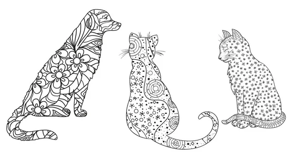 Perro Gatos Blanco Animales Dibujados Mano Con Patrones Abstractos Sobre — Archivo Imágenes Vectoriales