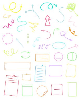 Infographic tables on isolated background. Collection of colorful desks on white. Arrows for design. Hand drawn simple signs clipart