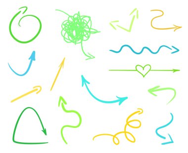 Beyaz renkli Infographic öğeleri elle çizilmiş. Renkli karışık oklar. Hat sanatı. Farklı işaretlere kümesi. Posterler ve el ilanları için öğeleri