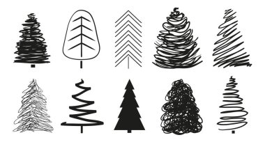 Beyaz üzerinde Noel ağaçları. Simgeler için izole arka plan üzerinde ayarlayın. Geometrik sanat. Nesneleri basımcılık, poster, tişört ve Tekstil için. Siyah beyaz resim