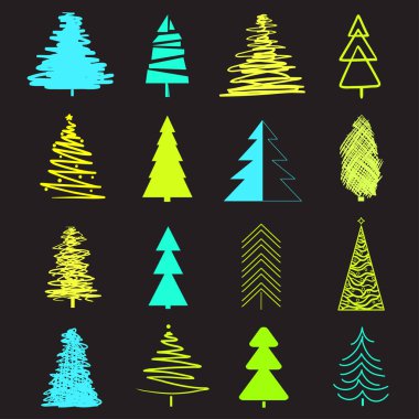 Soyut Noel ağaçları siyah. Modaya uygun bir tasarım için izole arka plan üzerinde ayarlayın. Geometrik sanat. Afiş, poster, tişört ve Tekstil için evrensel koleksiyonu