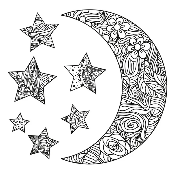 Semilună Alb Luna Stelele Modele Abstracte Fundal Izolare Zentangle Proiectare — Vector de stoc