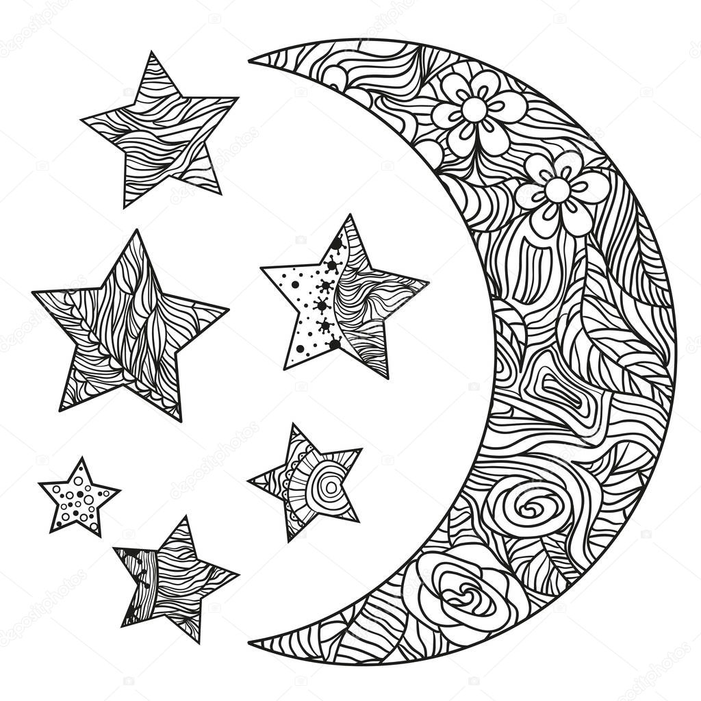 Crescent on white. Moon and stars with abstract patterns on isolation background. Zentangle. Design for spiritual relaxation for adults. Black and white illustration for anti stress colouring page