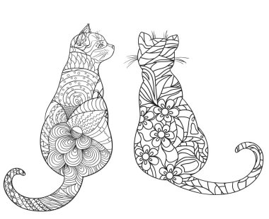 Beyaz kediler. Zentangle. El soyut desenler hayvanlarla yalıtım zemin üzerine çekilmiş. Yetişkinler için manevi rahatlama için tasarım. Siyah beyaz resim boyama