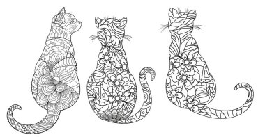 Kediler. Zentangle. İzolasyon arka planında soyut desenleri olan el çizimi bir kedi. Yetişkinler için ruhsal rahatlama tasarımı. Tişörtler için taslak. Yalan makinesi, poster ve tekstil için yazdır